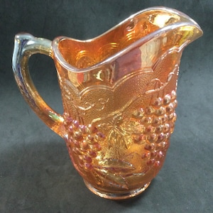 Indiana Glass Harvest Grape Pitcher in Iridescent Marigold Carnival glass