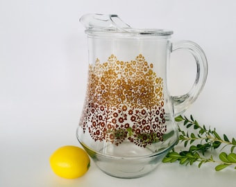 Glass Water Pitcher with ice spout with brown retro floral pattern