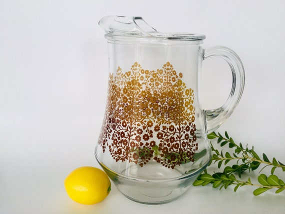 Glass Water Pitcher With Ice Spout With Brown Retro Floral 