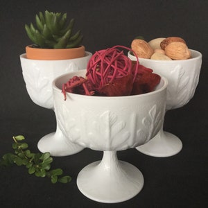FTD milk glass oak leaf pedestal bowl/planter 3 pieces