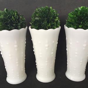 Anchor Hocking 3 Milk Glass Teardrop and Pearl Patterned Vases with Scalloped Rim, made in USA