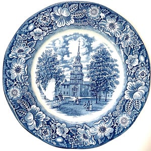 Staffordshire Liberty Blue Ironstone dinner plates, 8 pieces  with the &quot;Independence Hall &quot; design, made in England