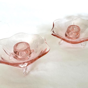 Fostoria pink glass candle holders, 2 pieces