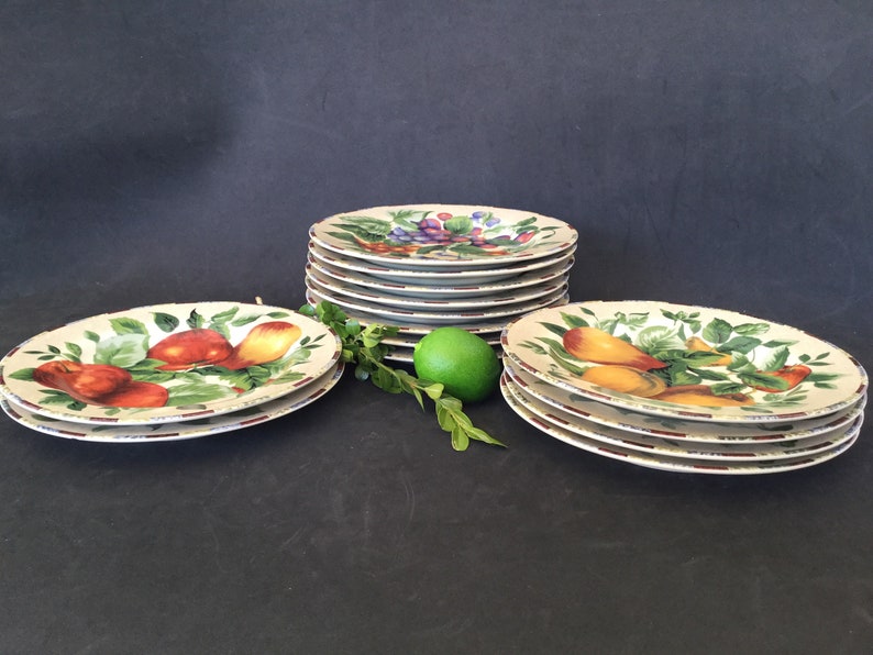 May include: A set of 10 white ceramic dinner plates with a fruit design. The plates feature a variety of fruits, including apples, pears, and grapes, painted in a realistic style. The plates have a brown rim and a green leafy border.