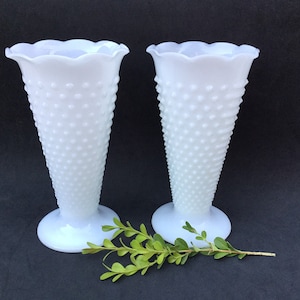 Anchor Hocking Milk Glass 2 hobnail and bars flared rim trumpet vase