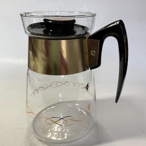 Corning Mid Century Modern  6 cup Coffee Carafe with gold scrolls, made in USA