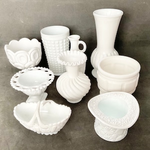 Milk Glass  collection of vases and trinkets holder, made in USA, sold per piece