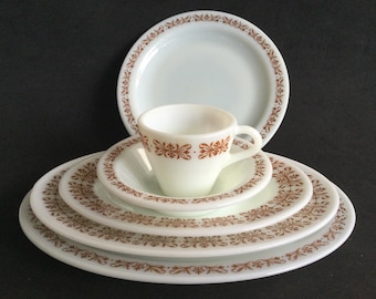 Vajilla Pyrex/Corning Restaurant Opal, colección Copper Filigree, 8 piezas