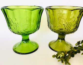 Indiana Glass Olive Green and Grass Green Harvest Grape Compote, 2 pieces
