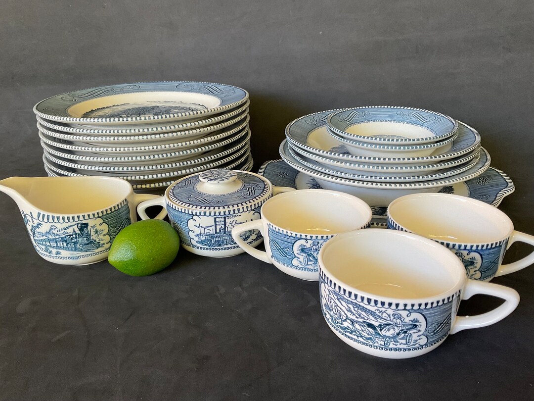 Currier and Ives Blue and White Ironstone Dinnerware Collection by