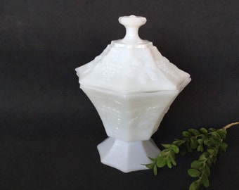 Anchor Hocking Panelled Milk Glass Pedestal Candy dish with lid in the Harvest Grape Pattern