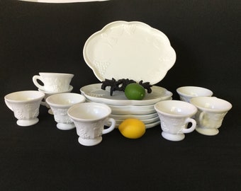 Milk Glass Colony Harvest Grape 8 Snack Plates and 8 cups