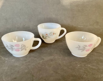 Milk Glass 3 tea cups mismatched, made in USA