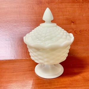Anchor Hocking Milk Glass compote with lid with quilted diamond design