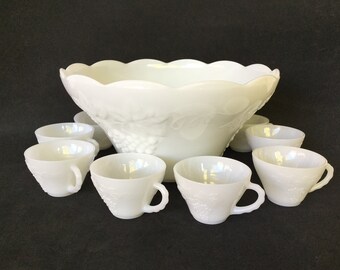 Vintage Anchor Hocking Milk Glass Punch Bowl Set: Harvest Grape, 12 Cups