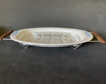 Corning Ware Blue Cornflower Tree of Life oval platter with rack, USA made
