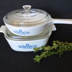 Vintage Corning Ware Cornflower Casserole & Skillet Set with Pyrex Lids