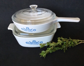 Zestaw Vintage Corning Ware Cornflower Casserole & Pane z pokrywkami Pyrex