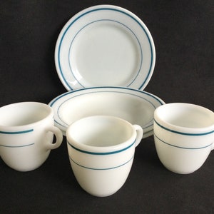 Pyrex /Corning Restaurant Opal tableware Turquoise green with double band collection, 7 pieces