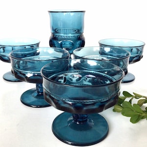 Vintage Tiffin Smoky Blue Glass Goblet Set: Kings Crown Thumbprint