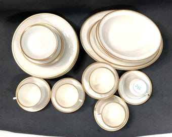 Vintage Monticello Old Ivory China Set: Syracuse, Gold Trim, 34-Piece