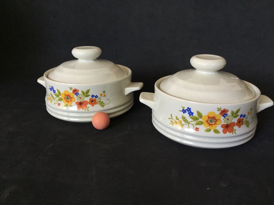 Bake Serve'n Store Sweet Flowers Stoneware 2 Individual Casserole With