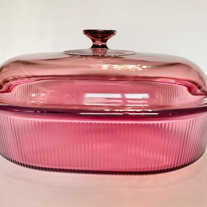 Vintage Corning Vision Cranberry Oval Roaster: 4 Qt Ribbed Dutch Oven