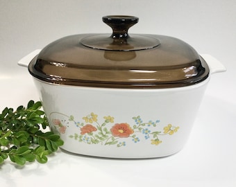 Corning ware Wildflower A-3-B Square casserole, with Amber Glass Pyrex Lid, USA made