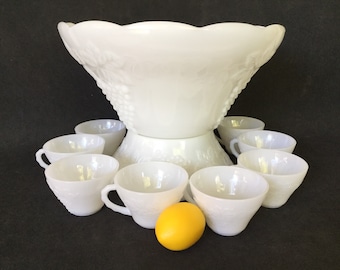 Anchor Hocking milk glass Harvest Grape pattern Salad/Punch Bowl with pedestal and 18 matching punch cups