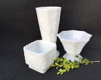 Vintage Anchor Hocking Milk Glass Set: Harvest Grape Vase, Bowl, Planter