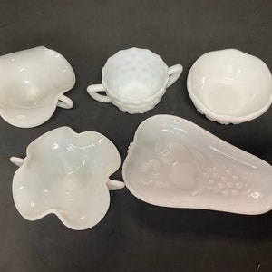 Milk Glass  collection of trinkets holder, made in USA, 5 pieces