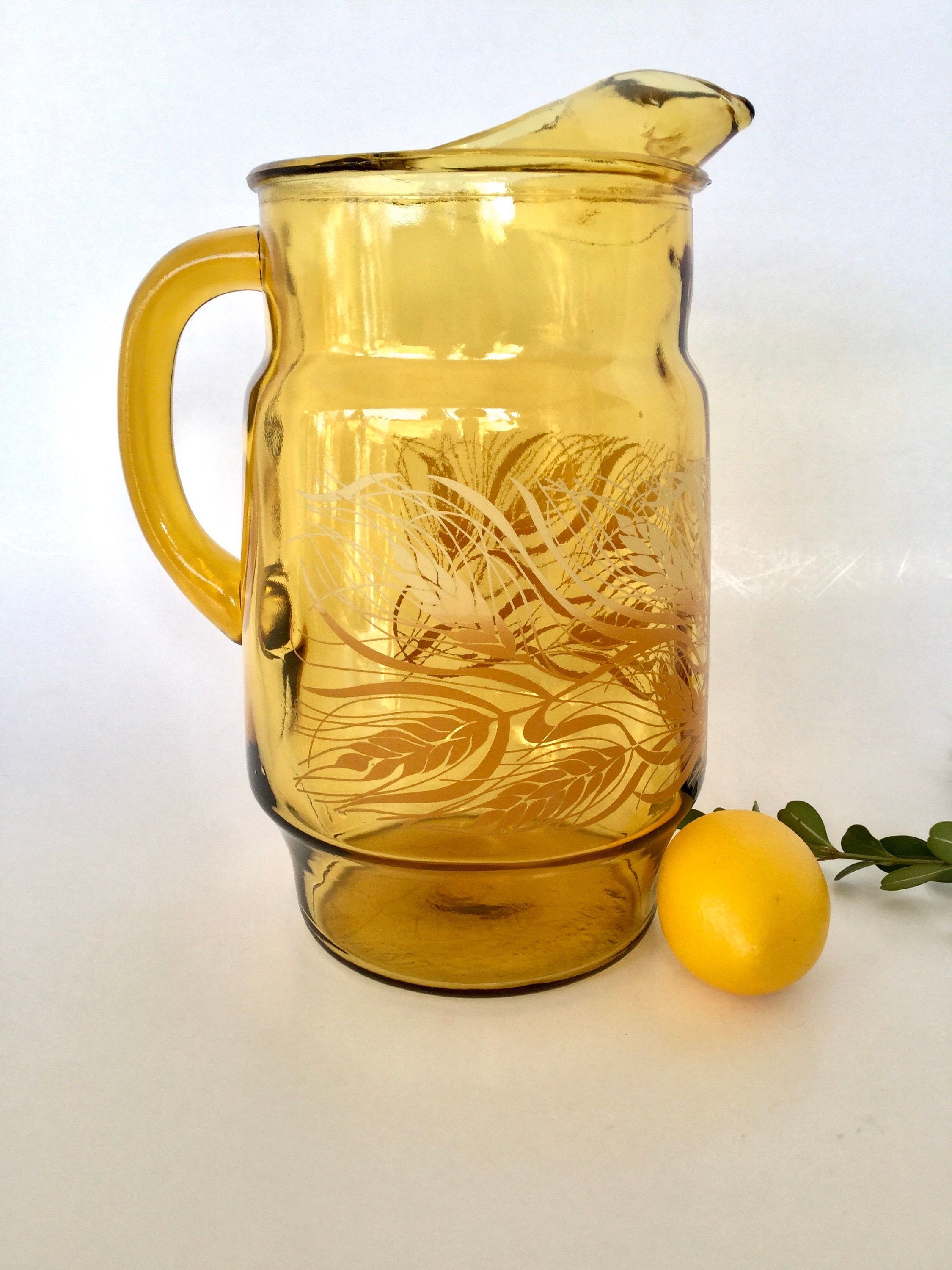 Vintage Glass Juice Pitcher Wheat Gold Trim Pattern Free Shipping