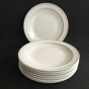 Könnte beinhalten: Ein Stapel von acht weißen Keramik-Dinnertellern mit einem dünnen grauen und roten Rand.
