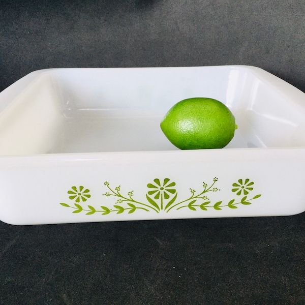 Glasbake J2428 Square Baker/Brownie Pan 8 inches with Green  Daisy  Pattern White Opaque/Milk Glass