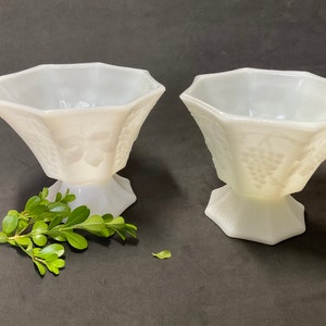 Anchor Hocking Panelled Milk Glass 2 pedestal planter In the Harvest Grape Pattern
