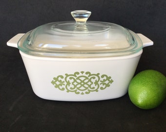 Corning Ware Shell oil Macrame Avocado Square Casserole with Pyrex lid A-1-1/2, USA made