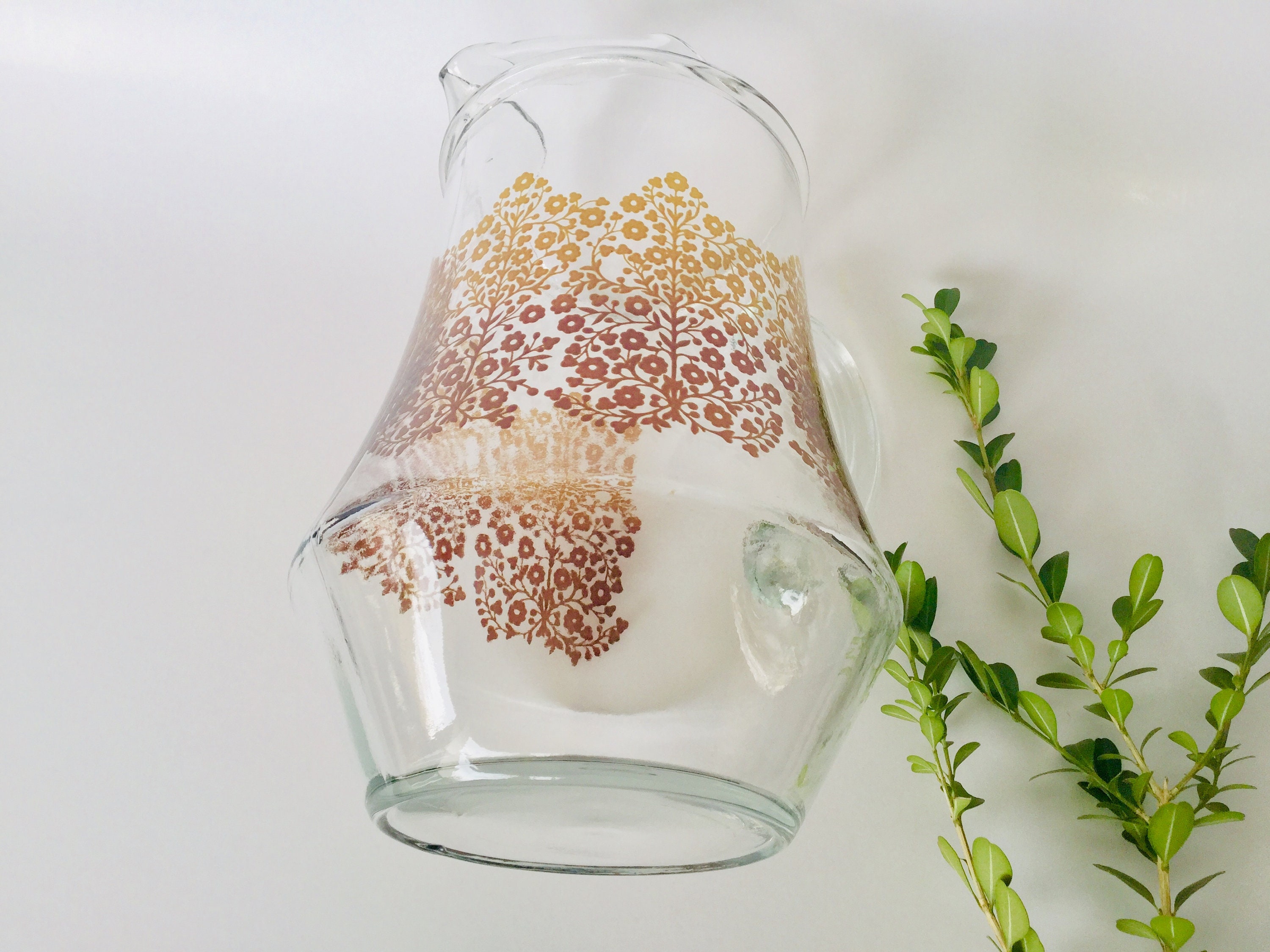 Glass Water Pitcher With Ice Spout With Brown Retro Floral 