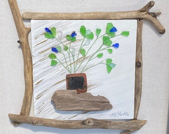 Szkło morskie, koral i drewno dryftowe kolaż 10x10
