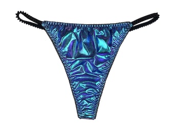 Satin String Thong Holograohic Foil Satin Blue Green