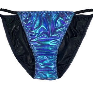 String Bikini Panty Holograohic Foil Satin Blue Green