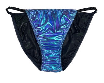 String Bikini Panty Holograohic Foil Satin Blue Green