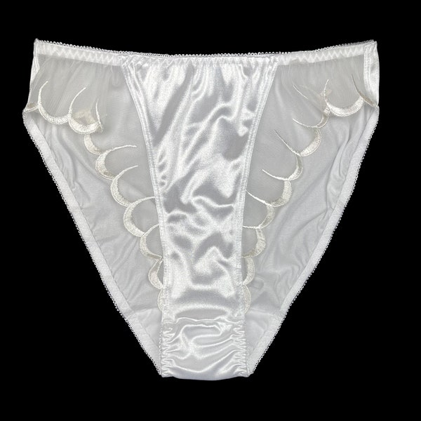 High Leg Satin Panty with Mesh Accents | White