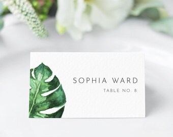 Modern Tropical Greenery Place Cards - Editable Template - Watercolor Leaves - Escort Card - Instant Download - Flat & Tent - WS-018