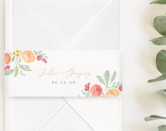 Peach Floral Belly Band - Wedding Editable Template - Watercolor Peaches and Greenery - Instant Download - DIY Bellyband - WS-004