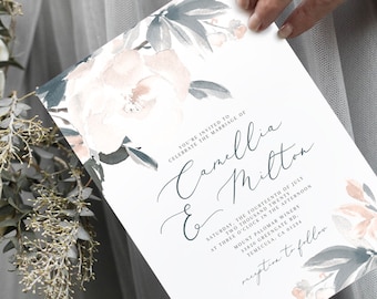 Camellia Wedding Suite - Editable Template - Watercolor Dusty Blue Gray Floral - Instant Download - RSVP and Detail - WS-009