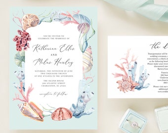 Under the Sea Wedding Invitation Suite - Editable Template - Nautical Watercolor Beach Ocean - Instant Download - RSVP and Detail - WS-011