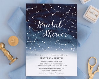 Night Sky Bridal Shower Invitation Template - Watercolor Stars & Constellations - Printable Editable Template - Instant Download WS-007