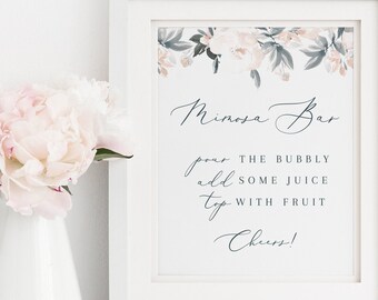Mimosa Bar Sign Template 8x10 + 11x14 - Camellia Dusty Blue Gray Floral Watercolor - Editable Download Bridal Shower Sign WS-009