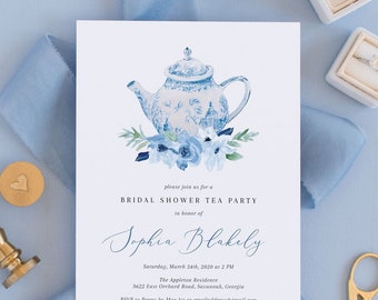 Bridal Shower Tea Party Invitation Template - French Blue Floral - Bridal Tea Printable Invite - Editable Text - Instant Download - WS-020