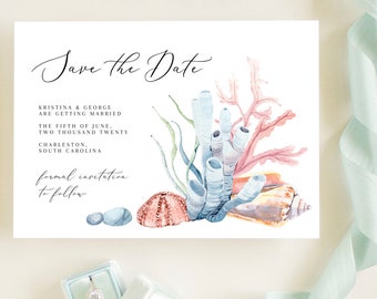 Under the Sea Save the Date - Printable Wedding Editable Template - Watercolor Nautical Coral Seashells - Instant Download - 5"x7" - WS-011